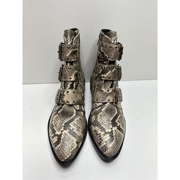 STEVEN NEW YORK Beige Snake Buckle Accent Studded Hazan Almond Toe Block Heel - Picture 6 of 11